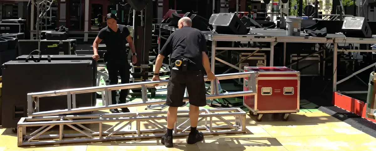 Stagehand labor team setting up a production in San Diego