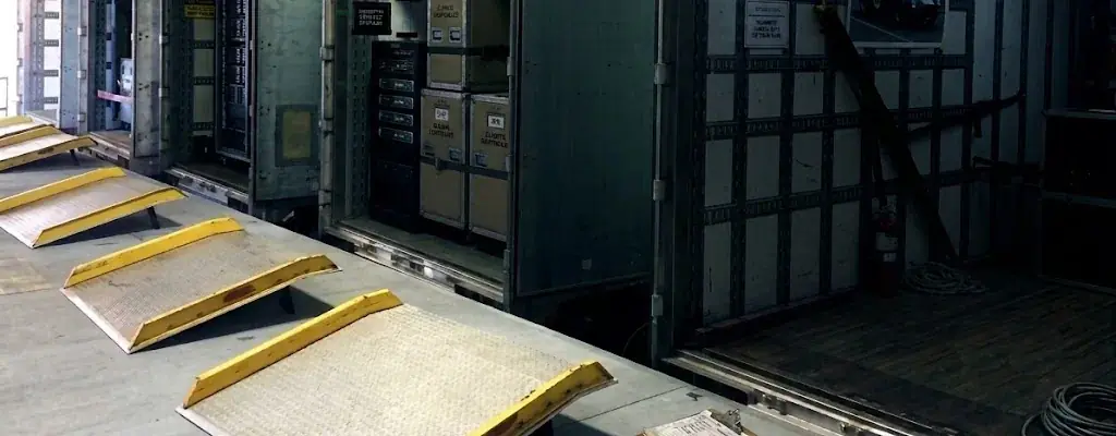 Production trucks at a warehouse loading dock in San Diego