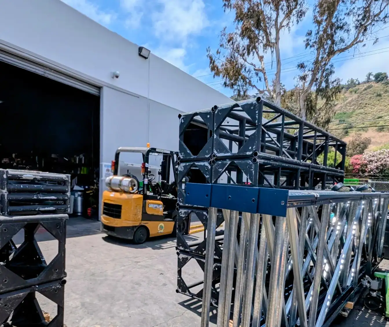 Busy distribution warehouse with industrial support crews